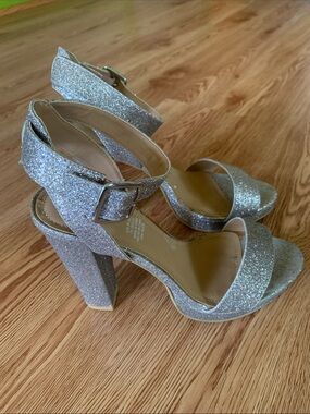 H&M Silver Glitter Block Heel Sandals with Ankle Strap